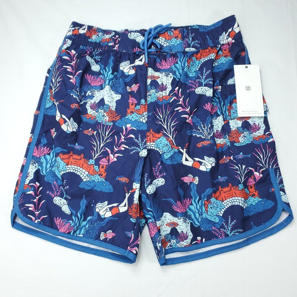 Sovereign Code LA Swim Trunks Men Small Ocean Theme Blue Brief Mesh Lined